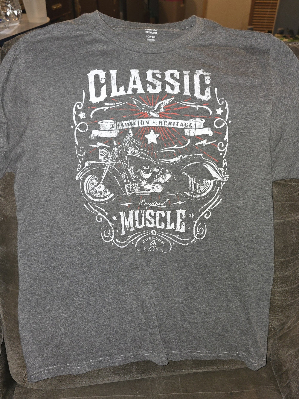 Celebrate It Gray Short Sleeve Tee with White & Red Motorcycle Graphic